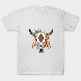 Native Americans Goat Skull War Bonnet Feather Pattern T-Shirt